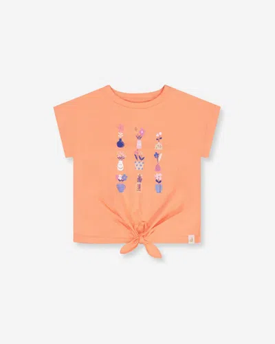 Deux Par Deux Kids' Girl's Organic Cotton Top With Print And Knot Salmon Orange