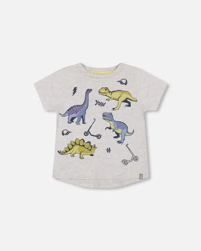 Deux Par Deux Kids' Boy's Organic Cotton T-shirt With Dino Print Light Gray Mix