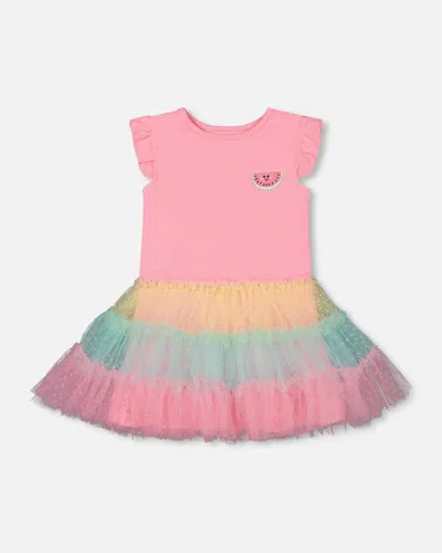 Deux Par Deux Kids' Little Girl's Short Sleeve Dress With Tulle Skirt Bubble Gum Pink