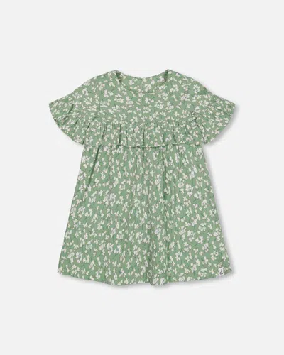 Deux Par Deux Kids' Girl's Muslin Dress With Frill Green Jasmine Flower Print