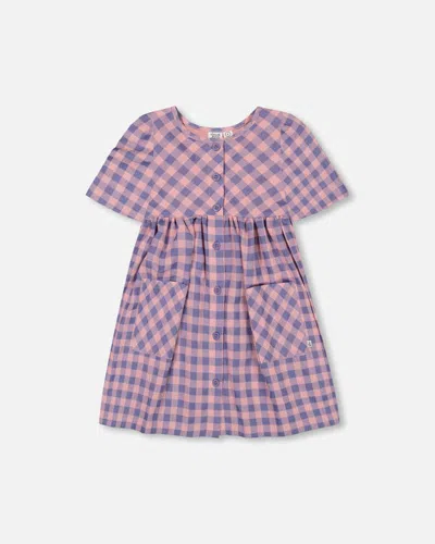 Deux Par Deux Kids' Girl's Button Front Dress With Pockets Plaid Pink And Blue