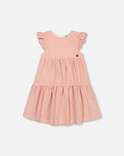 Deux Par Deux Kids' Girl's Peasant Dress With Frill Sleeves Vichy Dusty Rose