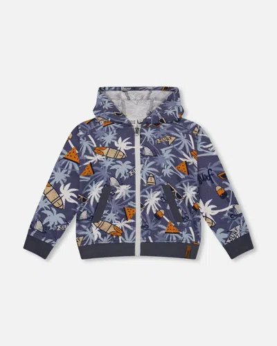 Deux Par Deux Kids' Boy's French Terry Hooded Cardigan Printed Palm Tree And Surf