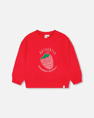 Deux Par Deux Kids' Girl's French Terry Sweatshirt With Strawberry Applique True Red