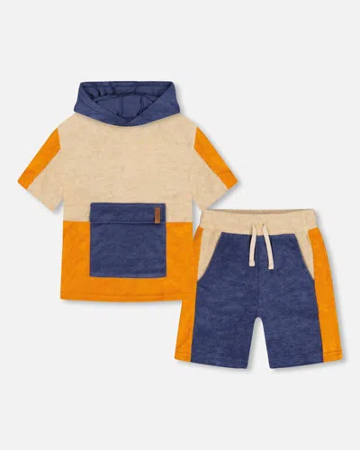 Deux Par Deux Kids' Boy's Terry Cloth Hooded Top And Short Set Navy And Beige