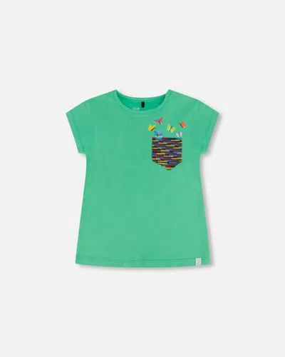 Deux Par Deux Kids' Girl's Organic Jersey Top With Print And Sequins Spring Green