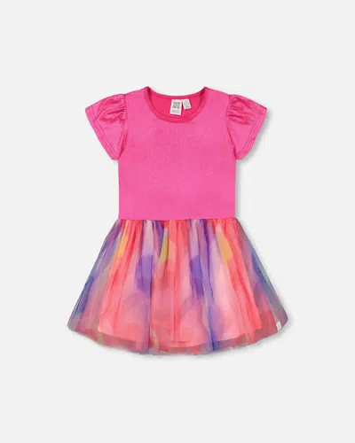 Deux Par Deux Kids' Little Girl's Bi-material Shiny Rib And Mesh Dress Fuchsia With Printed Rainbow Heart In Fuchsia With Rainbow Heart
