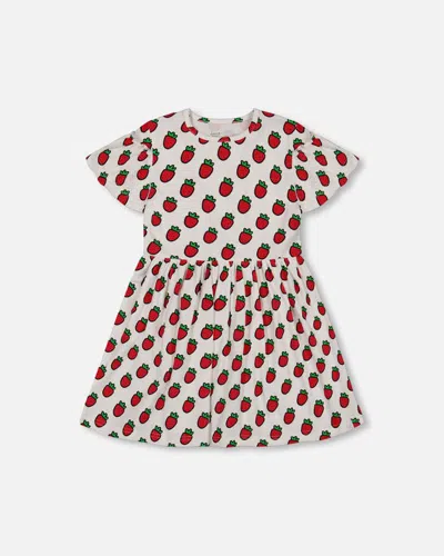 Deux Par Deux Kids' Girl's Organic Cotton Dress With Flounce Sleeves White Printed Pop Strawberry