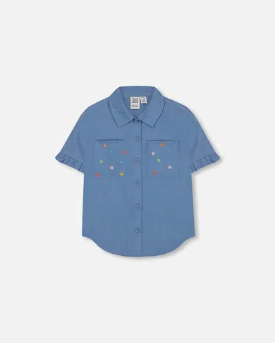 Deux Par Deux Kids' Little Girl's Chambray Shirt With Embroidered Flowers