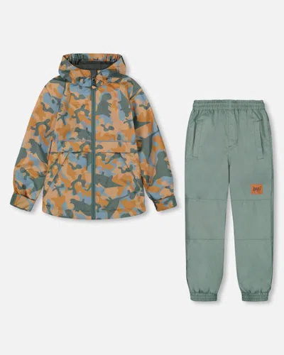 Deux Par Deux Baby Boy's Two Piece Hooded Coat And Pant Mid-season Set Beige Printed Camo Dinos Forest Green