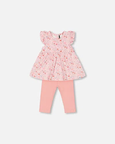 Deux Par Deux Baby Girl's Organic Cotton Long Tunic And Leggings Set Printed Pink Small Flowers
