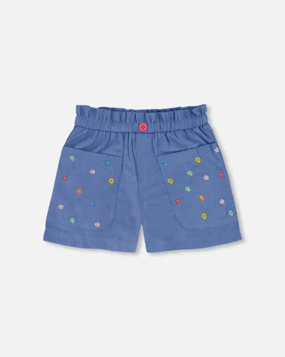 Deux Par Deux Kids' Girl's Chambray Short With Embroidered Flowers