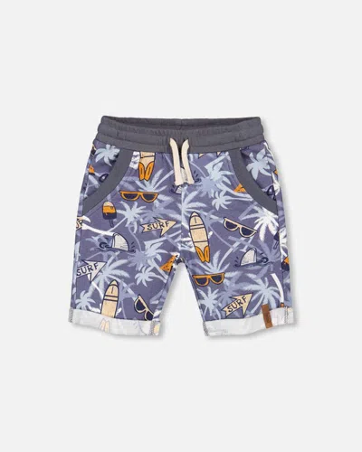 Deux Par Deux Kids' Boy's French Terry Short Printed Palm Tree And Surf