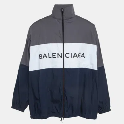 Pre-owned Balenciaga Multicolor Logo Print Cotton Poplin Oversized Zipper Jacket M