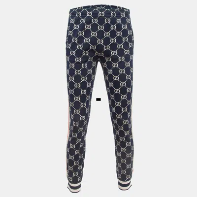 Pre-owned Gucci Navy Blue Gg Intarsia Knit Track Trousers M