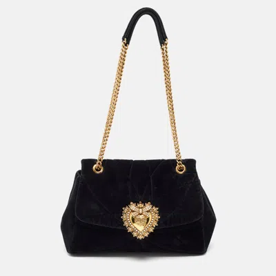 Pre-owned Dolce & Gabbana Black Quilted Velvet Large Devotion Shoulder Bag