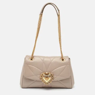 Pre-owned Dolce & Gabbana Grey Leather Large Devotion Shoulder Bag In Beige