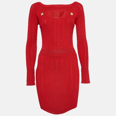 Pre-owned Balmain Red Knit Cutout Mini Dress M