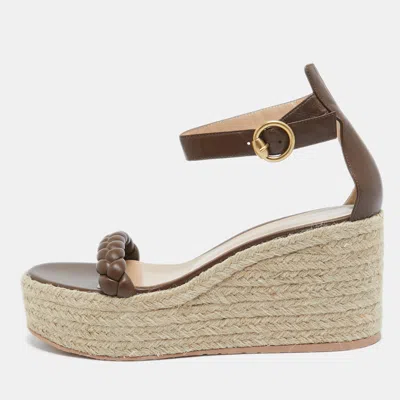 Pre-owned Gianvito Rossi Brown Braided Leather Merida Wedge Espadrille Platform Ankle Strap Sandals Size 40.5