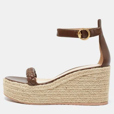 Pre-owned Gianvito Rossi Brown Braided Leather Merida Wedge Espadrille Platform Ankle Strap Sandals Size 40
