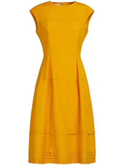 Marni Cotton Poplin Pleated Midi Dress In Yellow & Orange
