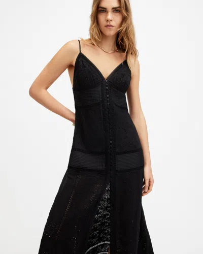 Allsaints Dahlia Embroidered Broderie Maxi Dress In Black