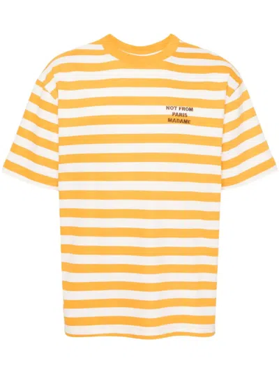 Drôle De Monsieur Slogan-embroidery Striped T-shirt In Yellow & Orange