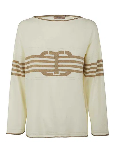 Twinset Long Sleeves Boat Neck Striped Sweater With Logo In White