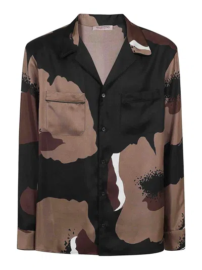Valentino Silk Twill Pyjama Shirt With Flower Portrait Print In Black/clay/ivory