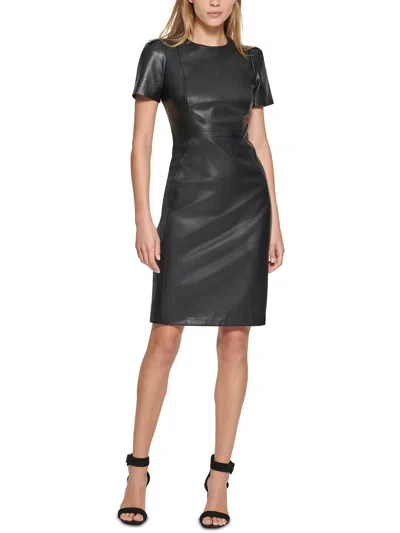 Calvin Klein Petites Womens Faux Leather Mini Sheath Dress In Black