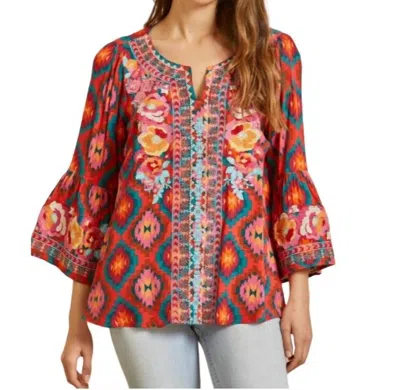 Savanna Jane Aztec Print Embroidered Top In Red