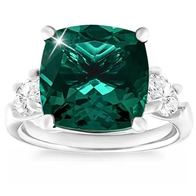 Pompeii3 7.55ct Green Cushion Emerald & Marquise Three Stone Ring 14k Gold Lab Grown In Multi