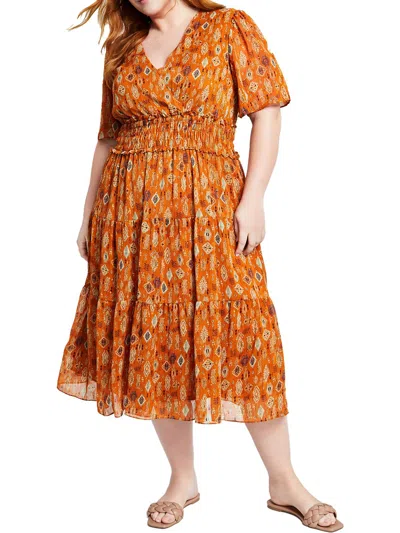 Taylor Plus Womens Printed Chiffon Fit & Flare Dress In Orange