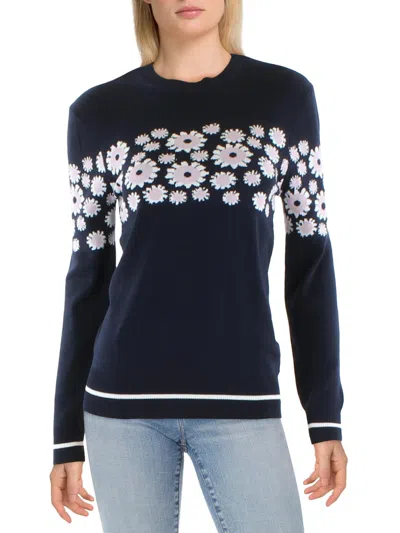 N By Nancy Womens Floral Print Crewneck Pullover Sweater In Blue