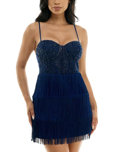 B Darlin Juniors Womens Fringe Mesh Cocktail And Party Dress In Blue