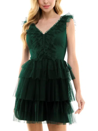 City Studio Juniors Womens Tiered Tulle Fit & Flare Dress In Green