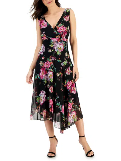 Connected Apparel Womens Floral Print Crepe Maxi Dress In Black