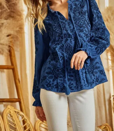 Savanna Jane Embroidered Tunic Top In Navy In Blue