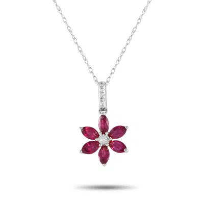 Non Branded Lb Exclusive 14k White Gold 0.01ct Diamond And Ruby Flower Necklace Pd4-16241wru
