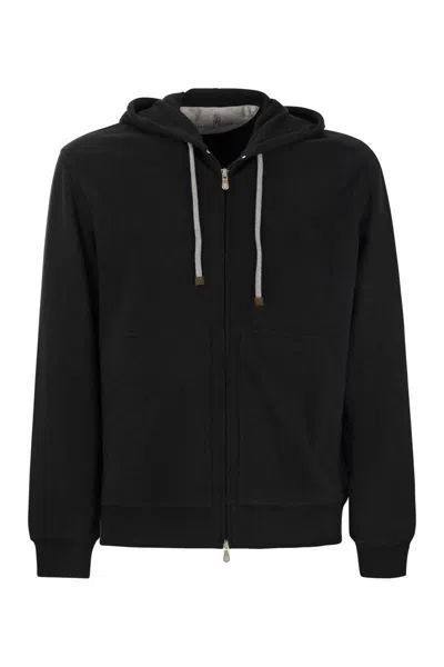 Brunello Cucinelli Techno Cotton Interlock Zip-front Hooded Sweatshirt In Black