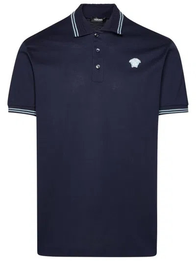 Versace 'medusa' Blue Cotton Polo Shirt In Navy