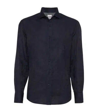 Brunello Cucinelli Men's Palm Jacquard Slim-fit Shirt In Blue