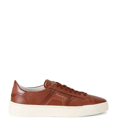 Santoni Double Buckle Leather Trainers In Brown