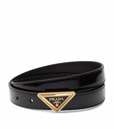 Prada Triangle-logo Patent-leather Belt In Black