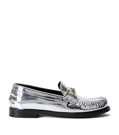 Versace Leather Medusa Loafers In Silver