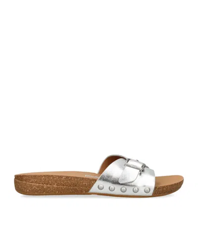 Fitflop Leather Buckle Slides 30 In Silver