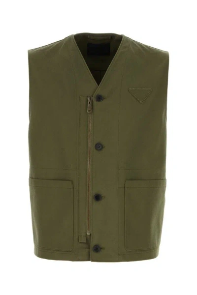 Prada Man Army Green Cotton Vest In Khaki