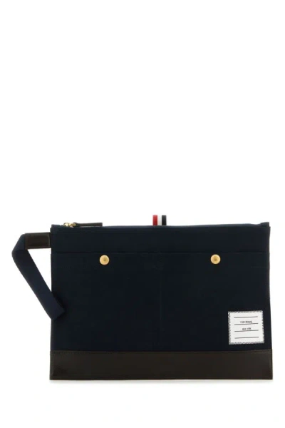 Thom Browne Man Navy Blue Canvas Pouch