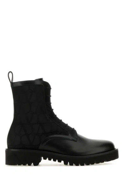 Valentino Garavani Man Black Toile Iconographe And Leather Ankle Boots
