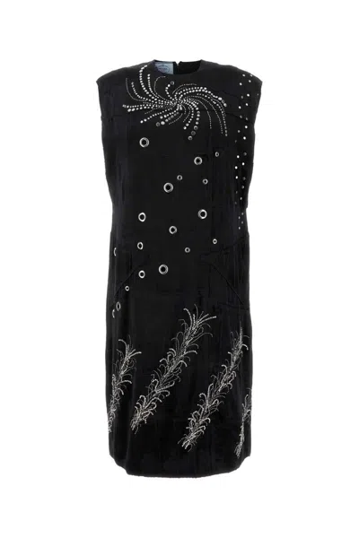 Prada Embroidered Velvet Dress In Black